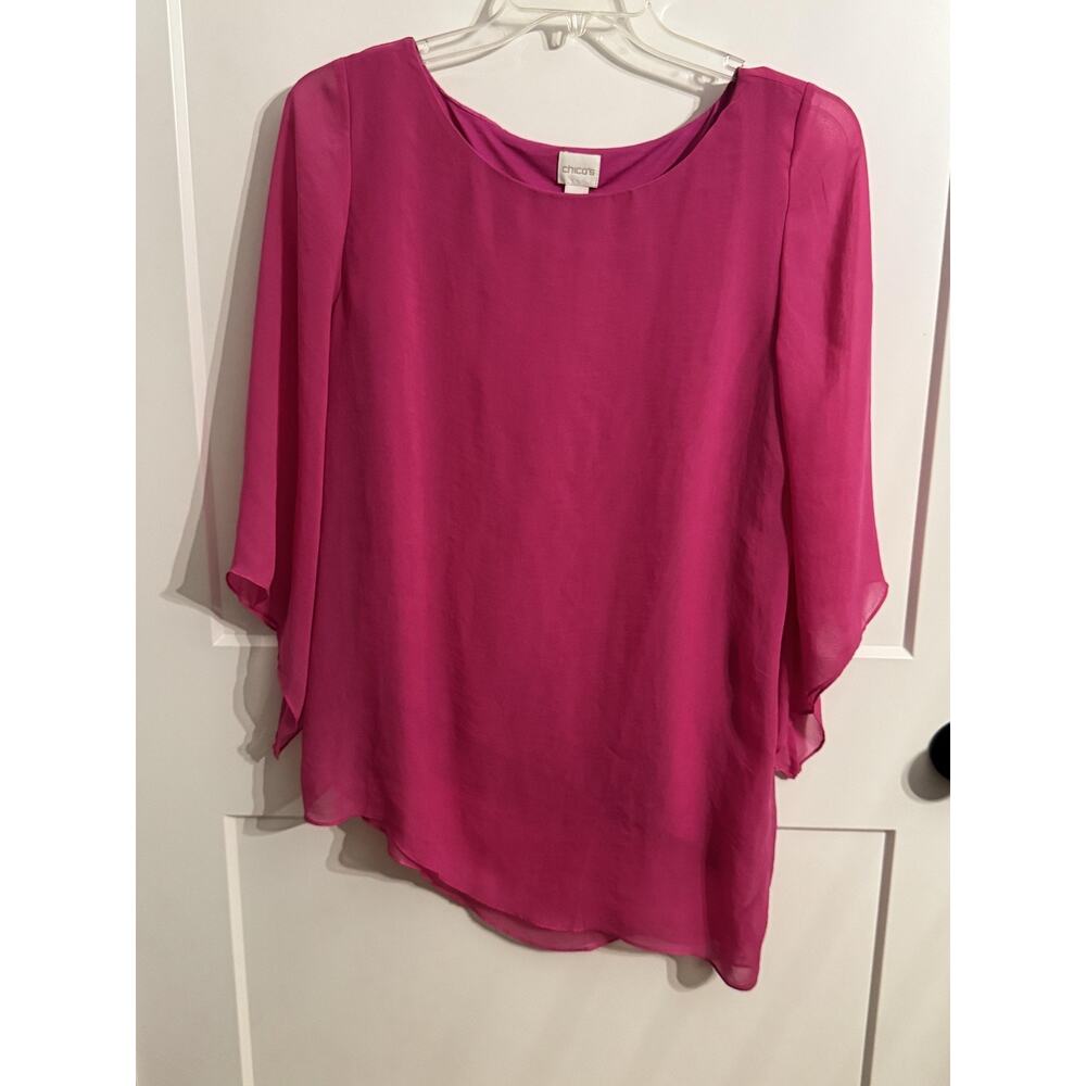 Chico's Tunic Blouse Sz 1 Pink Chiffon Scoop Neck Kimono 3/4 Sleeve Sheer vaca